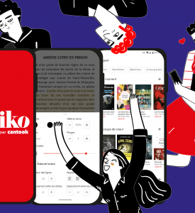 Illustration comprenant plusieurs personnages réunit autour de smartphones affichant l'application Aldiko Next. 