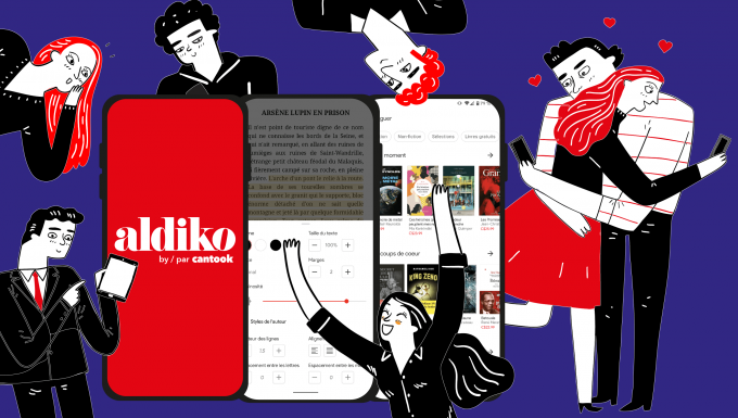 Illustration comprenant plusieurs personnages réunit autour de smartphones affichant l'application Aldiko Next. 