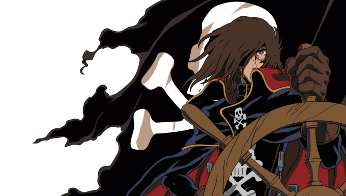 Illustration du personnage d'Albator à la barre d'un gouvernail. Un drapeau pirate flotte derrière lui.