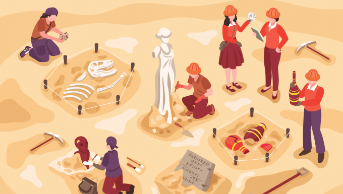 Illustration d'archéologues sur un site de fouilles.