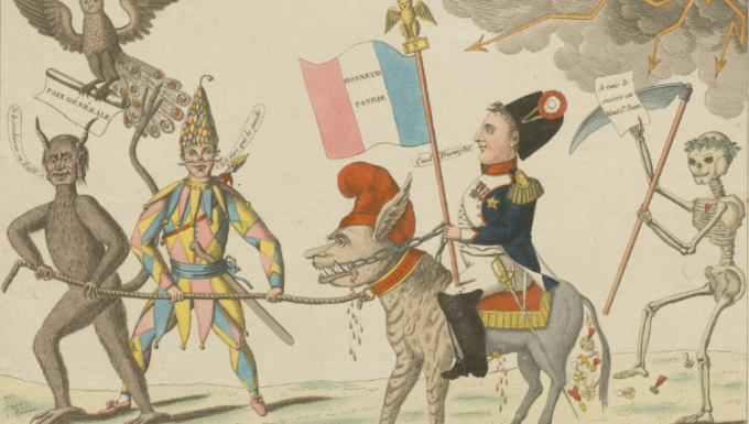 Napoléon chevauche une effrayante créature mi-tigre, mi-âne, portant un bonnet phrygien et expulsant des décorations de la Légion d'honneur, qu'il fait saigner avec ses éperons et la chaîne qui lui sert de rênes.