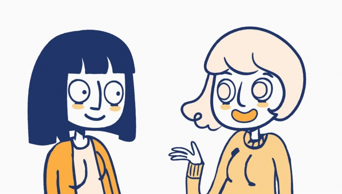 Illustration de deux personnages féminins discutant.