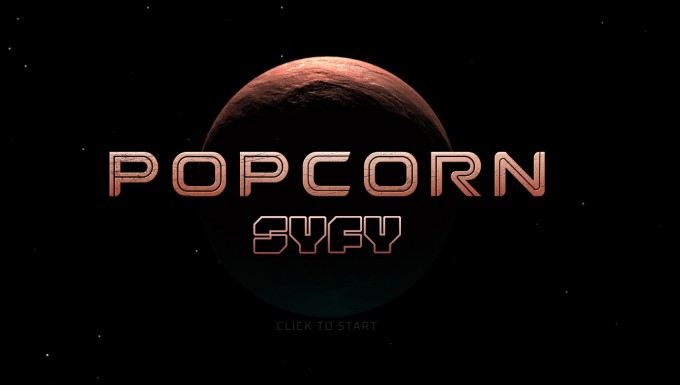 Page d'accueil du jeu. Une planète rouge au dessus de laquelle on peut lire "Popcorn SyFy"