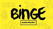 Logo Binge Audio : Lettres stylisées noires sur trame à dominante jaune incrustée de personnages.