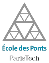 Logo de l'École des Ponts ParisTech : lettres stylisées bleues et noires sur fond blanc surmontées d'une forme composée de triangles.