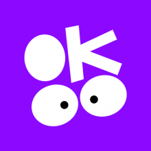 Logo Okoo. Lettres stylisées blanches sur un fond violet.