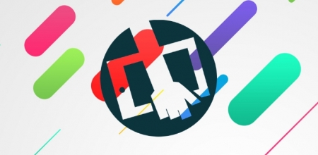fonds avec des couleurs et formes variées et très stylisées. Logo de Bib Applis (une main tenant une tablette) par dessus