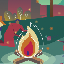 Des personnages dans une forêt autour d'un feu de camp