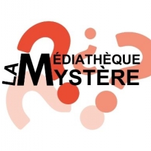 Le bandeau Les Médiathèques détournée en La Médiathèque Mystère, avec en fonds des points d'interrogations rouges