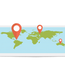 Illustration d'une carte du monde avec des punaises positionnées.