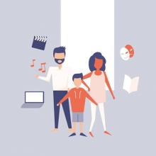 Illustration d'une famille réunie entourée de pictos de documents numériques.