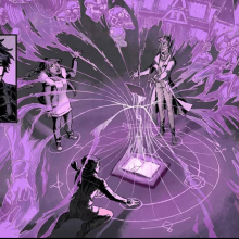 Illustration des personnages principaux réunis autour d'une tablette.
