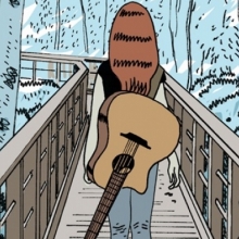 Dessin type BD avec une femme de dos, avec une guitare dans le dos traversant un pont